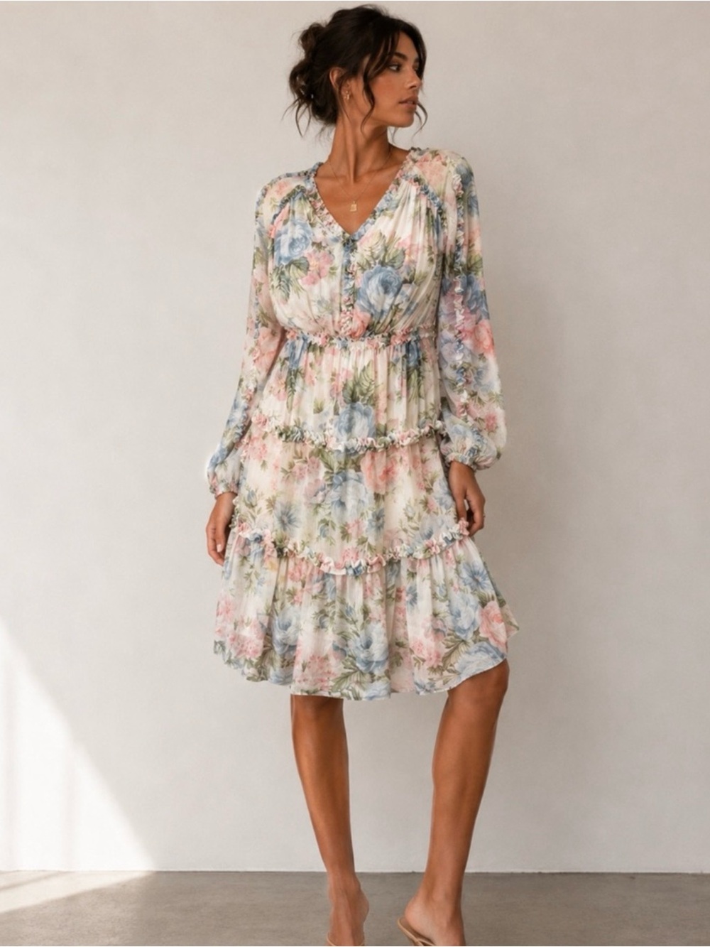 Needle & Thread Pastel Floral V-Neck Tiered Midi Dress - Cream, Pink & Blue